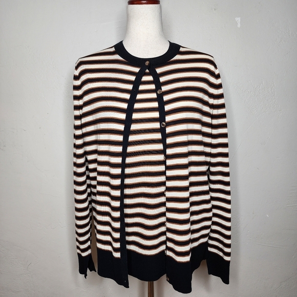 Lafayette 148 New York Striped Button Front Cardigan and Short Sleeve Tee Set - Picture 1 of 11